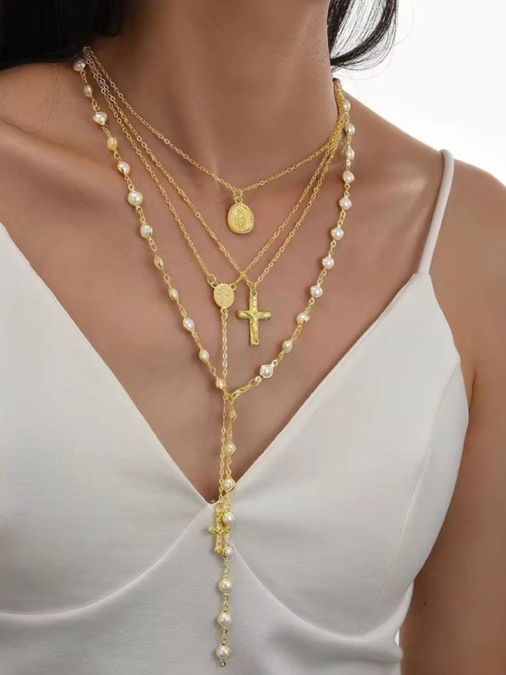 Gold Pearl Layered Cross & Coin Lariat Necklace